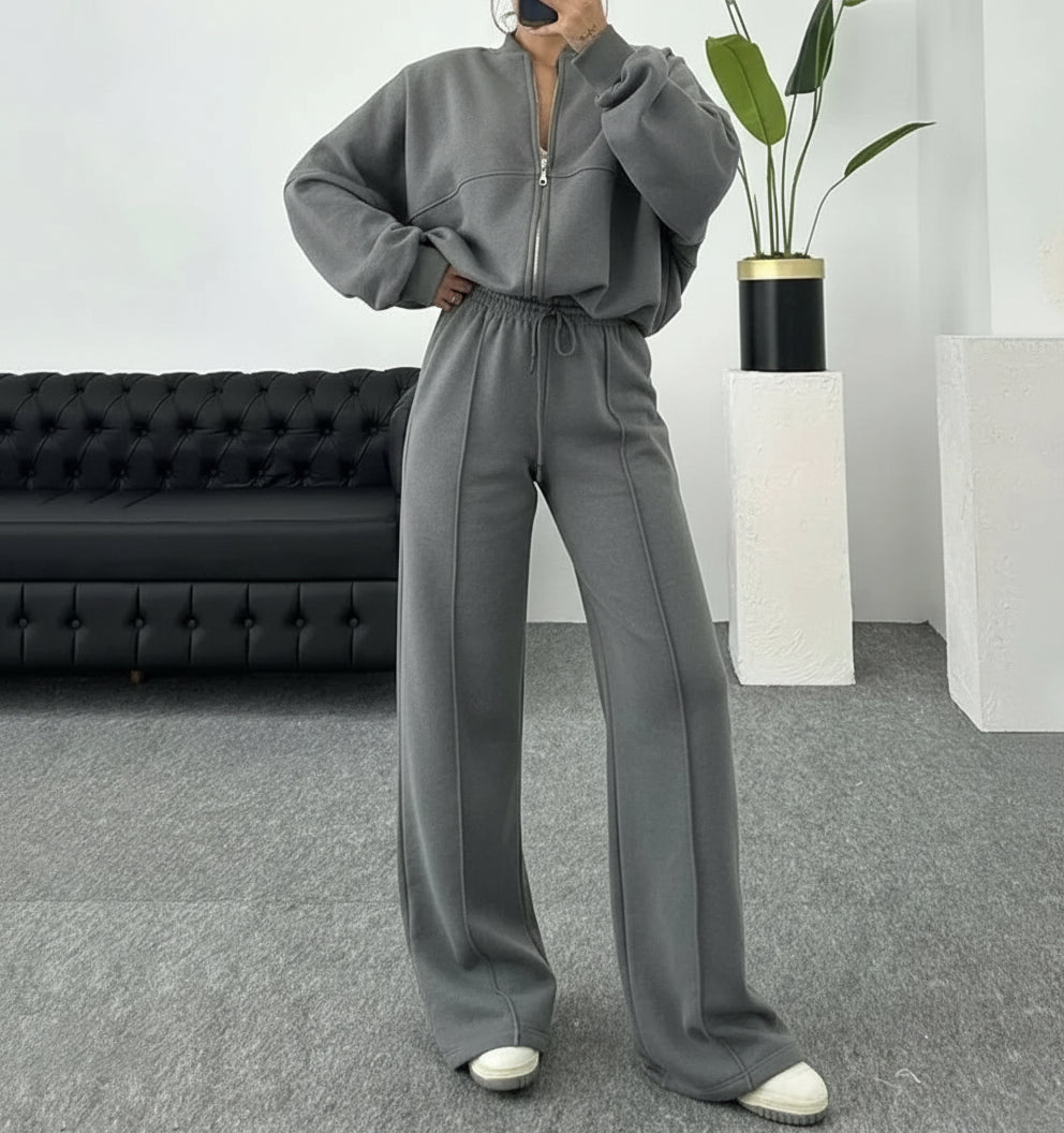 Zip-Up Sweater and Casual Trousers Set