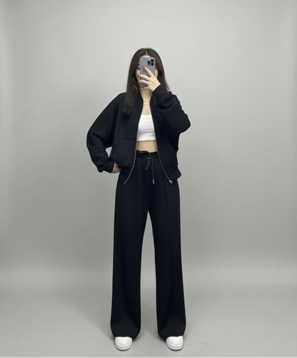 Zip-Up Sweater and Casual Trousers Set